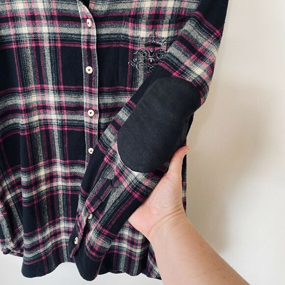 Soft Surroundings Magenta Black Plaid Button Elbow Patch Embroidered Back M - Picture 9 of 11
